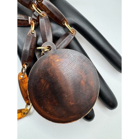 Vintage Celluloid Faux Tortoise Cameo Chain Link Pendant Necklace 34" Long - Picture 7 of 10